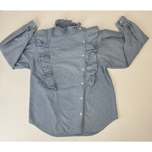 Vintage 1980s Theo Prairie Victorian Ruffled Shirt High Neck Blue Button Medium